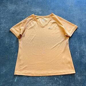 Nike Swoosh Embroidered Logo Shirt Womens L Orange Short Sleeve V Neck Athletic